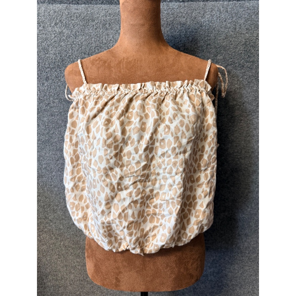 Unsubscribed Bubble Hem Tank Tan Animal Print Tie Shoulder Tassel Top Small NEW